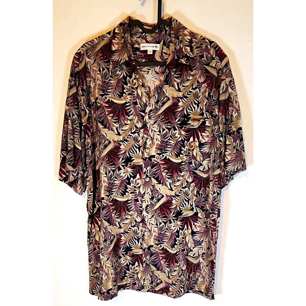 Pierre Cardin Men's M Beige Purple Floral Rayon Short Sleeve Button-Up Shirt
